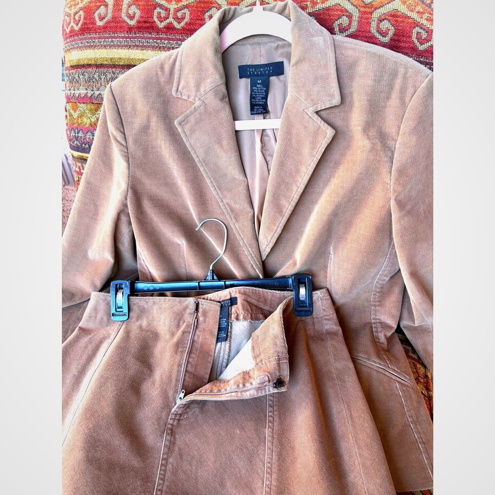 Vintage The Limited Stretch Tan Corduroy Skirt Suit Set Blazer Midi Skirt Women